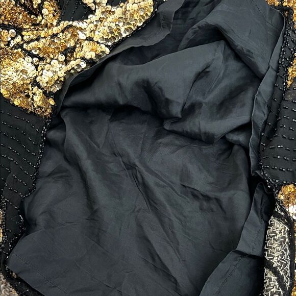 Vintage Oleg Cassini Gold Leaf and Black Sequin Detail 100% Silk in Size L - Picture 11 of 12